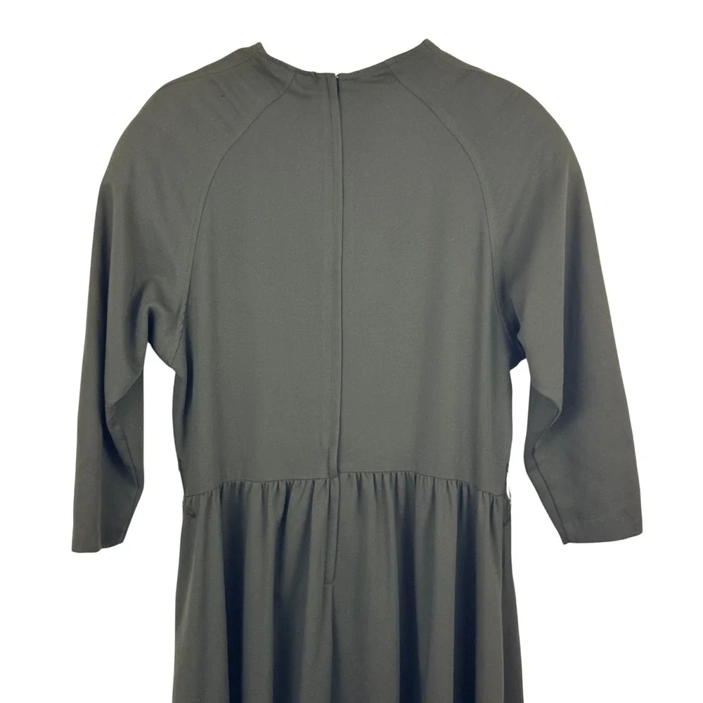Vintage 80s Olive Green Midi Dress Prairie Cottagecore Dark Academia USA 13/14 - Picture 9 of 11